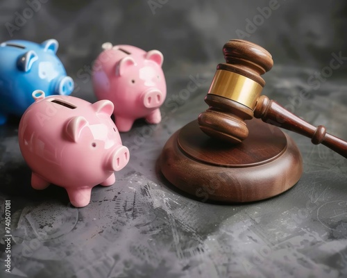 A judge holds iron gavel beside pink piggy bank on dark gray background, inflation worldwide photo
