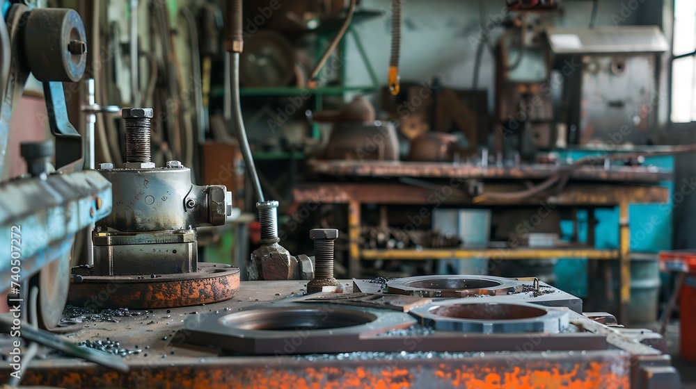 Foundry, workshop and metal tools on desk for industry, manufacturing and manual labor. Industrial factory, welding workspace and table for steel, iron and production for maintenance c : Generative AI Foundry, workshop and metal tools on desk for industry, manufacturing and manual labor. Industrial factory, welding workspace and table for steel, iron and production for maintenance c : Generative AI