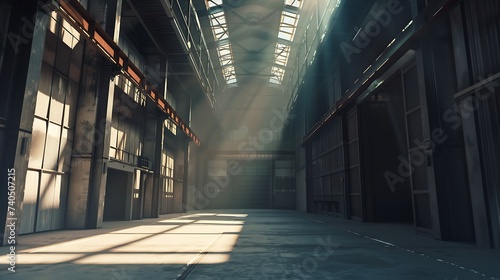 Empty industrial building. Hangar with high ceiling. Business premises. Factory building view from inside. Industrial building with metal walls. Factory hangar. Empty warehouse. 3d ima   Generative AI