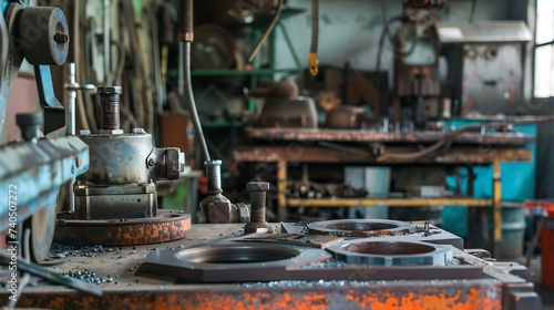 Foundry, workshop and metal tools on desk for industry, manufacturing and manual labor. Industrial factory, welding workspace and table for steel, iron and production for maintenance c : Generative AI