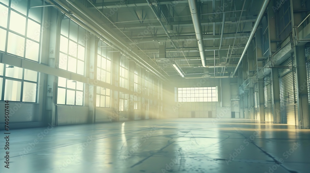 Industrial building. New industrial building. Empty industrial space with lots of windows. Hangar building without anyone. Architectural background with interior construction. 3d image : Generative AI Industrial building. New industrial building. Empty industrial space with lots of windows. Hangar building without anyone. Architectural background with interior construction. 3d image : Generative AI