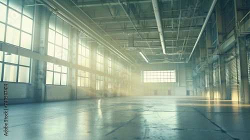 Industrial building. New industrial building. Empty industrial space with lots of windows. Hangar building without anyone. Architectural background with interior construction. 3d image : Generative AI