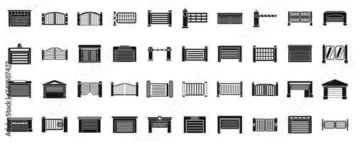 Automatic gates icons set simple vector. Security car. Industrial building gate road photo