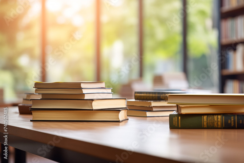 Library and books placed on a wooden table