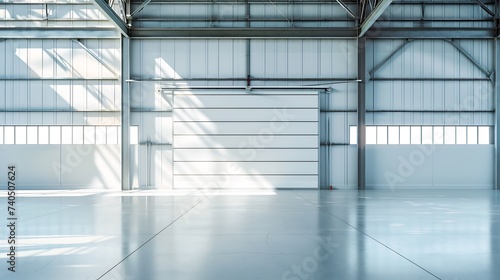 Hangar or industrial building. Protection with security door or roller shutter or overhead door. Interior design with concrete floor, steel structure and empty space for industry backg : Generative AI