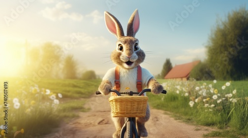 Wallpaper Mural cute easter bunny riding a bicycle in a sunny environment, blue sky background. ai generative Torontodigital.ca