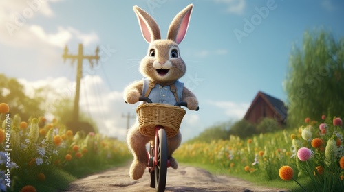 Wallpaper Mural cute easter bunny riding a bicycle in a sunny environment, blue sky background. ai generative Torontodigital.ca