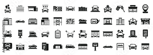 Car showroom icons set simple vector. Building dealer auto. Shop garage