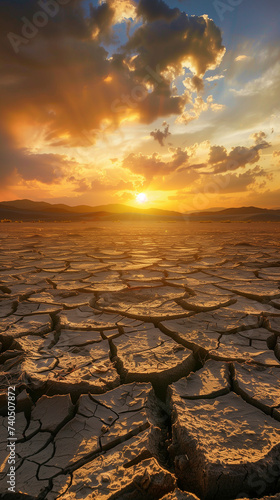 Sunset over arid landscape with dramatic sky and cracked ground. Ideal for environmental campaigns or climate change awareness.