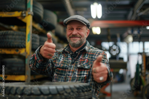 Smiling mechanic showing thumbs up with car tire in the car repair shop