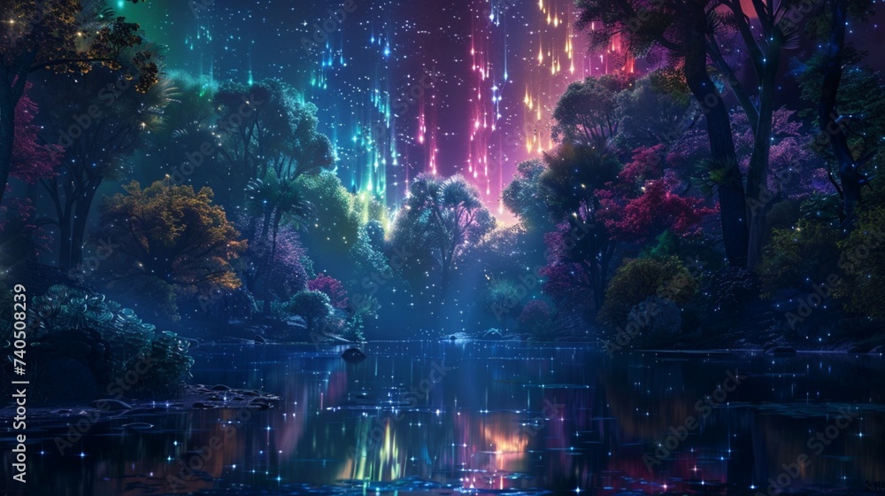 Colorful night jungle background, a small clearing in the heart of the forest reveals a celestial phenomenon, as colorful auroras shimmer and dance across the night sky - obrazy, fototapety, plakaty 