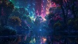 Colorful night jungle background, a small clearing in the heart of the forest reveals a celestial phenomenon, as colorful auroras shimmer and dance across the night sky