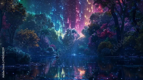 Colorful night jungle background, a small clearing in the heart of the forest reveals a celestial phenomenon, as colorful auroras shimmer and dance across the night sky