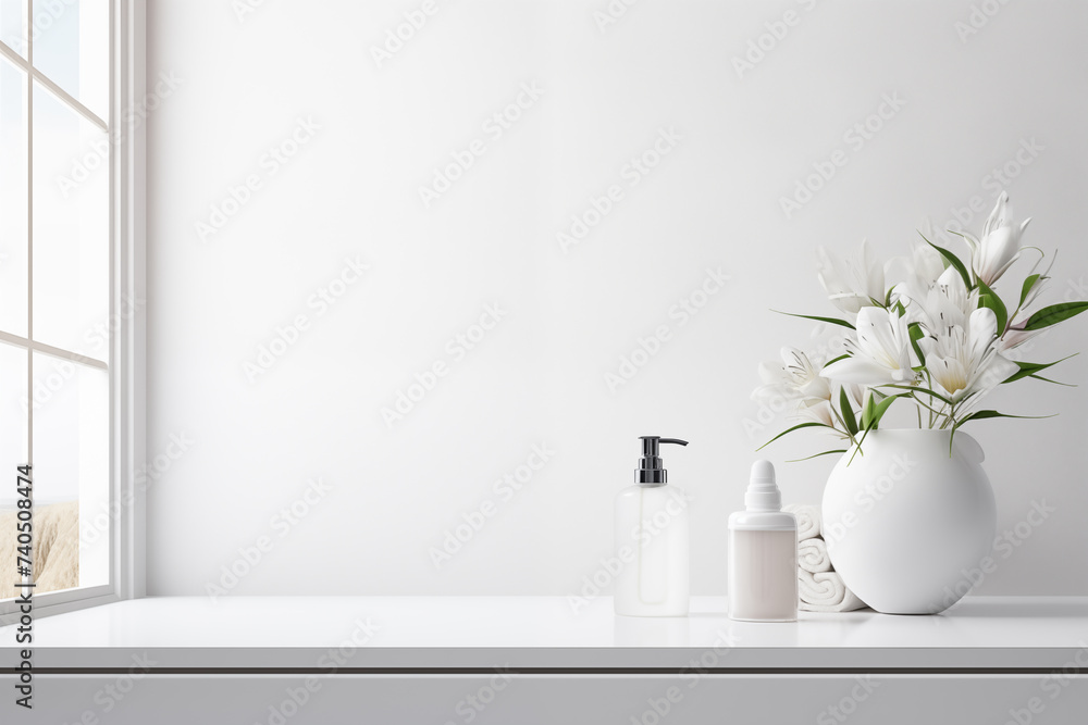 White bathroom interior design, undermount washbasin and faucet on white marble counter in modern luxury minimal washroom. - obrazy, fototapety, plakaty 