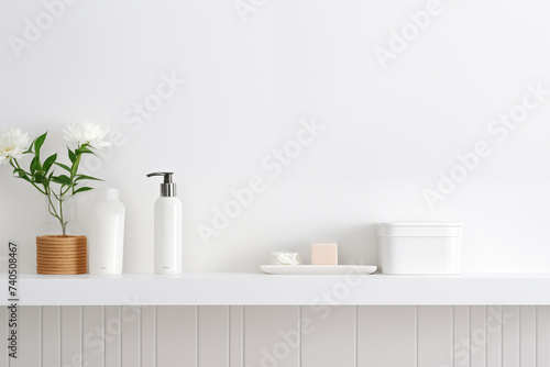 White bathroom interior design, undermount washbasin and faucet on white marble counter in modern luxury minimal washroom.