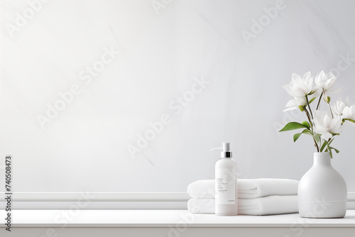 White bathroom interior design, undermount washbasin and faucet on white marble counter in modern luxury minimal washroom. photo
