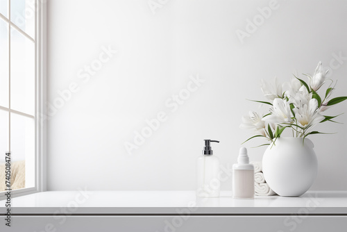 White bathroom interior design, undermount washbasin and faucet on white marble counter in modern luxury minimal washroom.