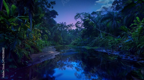 Colorful night jungle background, a winding river cuts through the dense forest, reflecting the vivid hues of the bioluminescent flora, mysterious shadows lurk beneath the canopy © usama