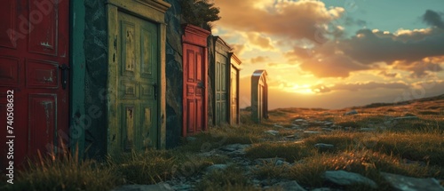 A row of colorful doors in the grass at sunset. Generative AI.