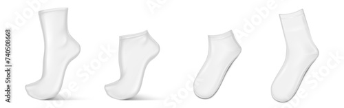 White blank socks of different height 3d mockup. Realistic vector illustration set of low and mid toes on invisible foot and flat lying isolated. Empty simple fabric clothes footwear template.