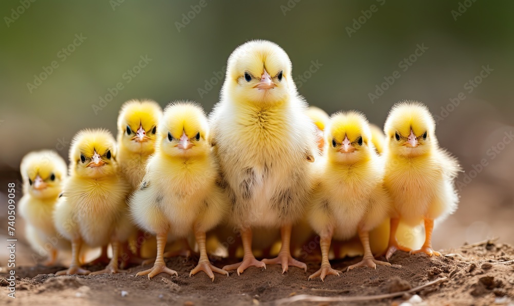 Group of Small Yellow Chicks Sitting on Dirt Field Group of Small Yellow Chicks Sitting on Dirt Field