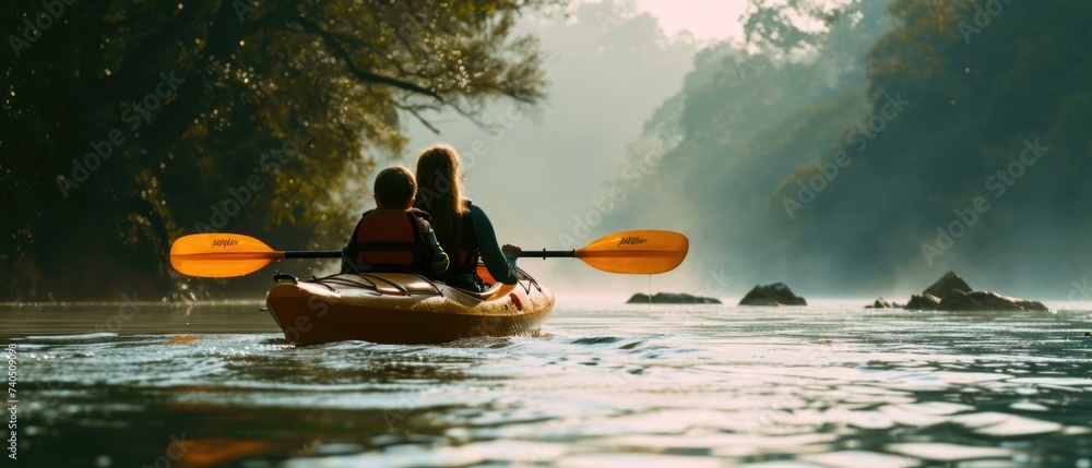 A couple paddling a kayak on a river. Generative AI.