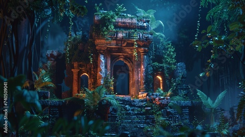 Colorful night jungle background  ancient ruins covered in moss and vines peek through the thick vegetation  illuminated by the soft glow of the jungle s natural lights