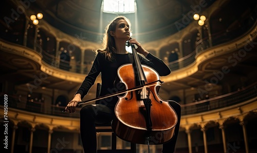Woman Sitting in Chair Holding Cello © uhdenis