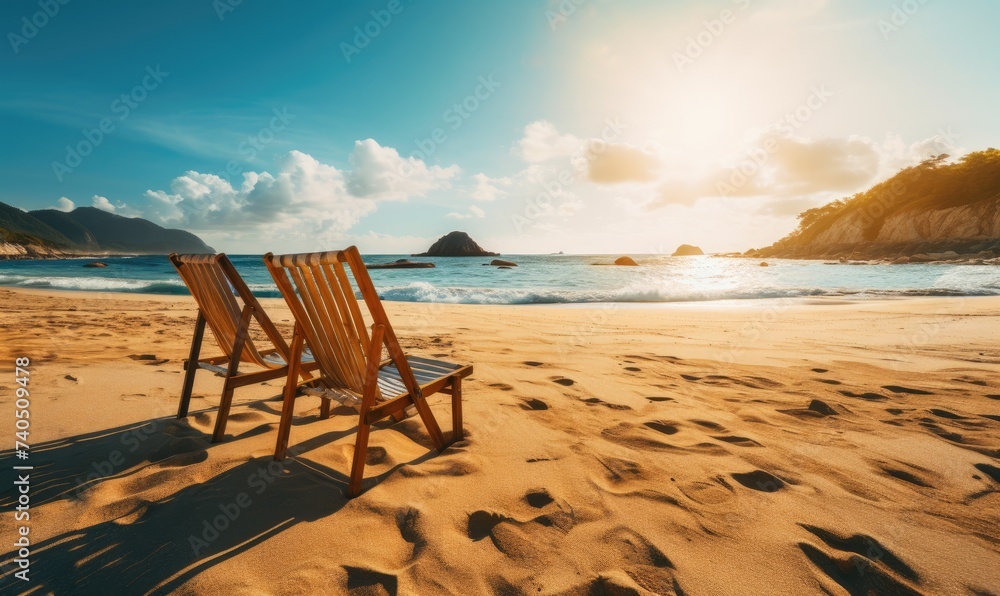 Two Wooden Chairs on Sandy Beach