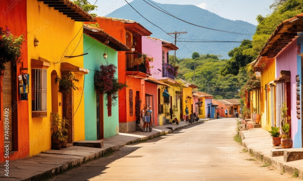 Vibrant Street With Colorful Houses and Majestic Mountains