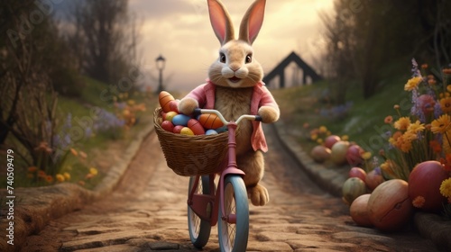 Wallpaper Mural cute easter bunny riding a bicycle in a colourful environment surrounded by easter eggs, blue sky background. ai generative Torontodigital.ca