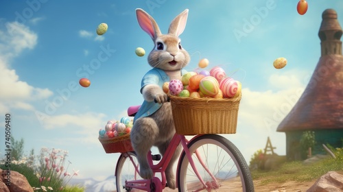 cute easter bunny riding a bicycle in a colourful environment surrounded by easter eggs, blue sky background. ai generative