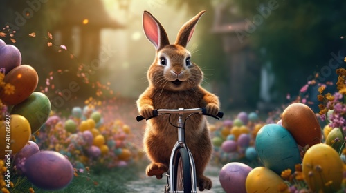 Wallpaper Mural cute easter bunny riding a bicycle in a colourful environment surrounded by easter eggs, blue sky background. ai generative Torontodigital.ca