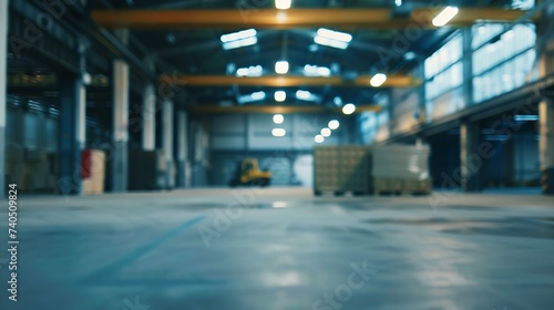 Warehouse interior blurred. Empty warehouse without anyone. Old warehouse interior without shelving. Spacious hangar with metal roof. Storage room with forklift. Rental industrial prem : Generative AI