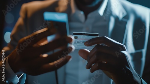Cropped shot of AfricanAmerican businessman paying with credit card online making orders via Internet Successful black male holding plastic card making transaction using mobile banking : Generative AI photo