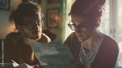 Family budget and finances Young woman doing accounts together with her husband at home planning new purchase Serious female in glasses holding piece of paper and making necessary calc : Generative AI photo