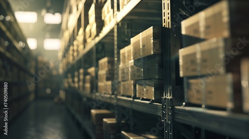 Rows of shelves with boxes in factory warehouse : Generative AI