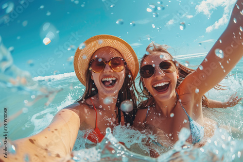 Young woman having fun at beach with best friend. Cheerful friends enjoying at sea