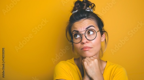 Portrait of beautiful casually dressed young woman in round glasses having doubtful expression looking away in indecisiveness holding her chin trying to find best solution Body languag : Generative AI