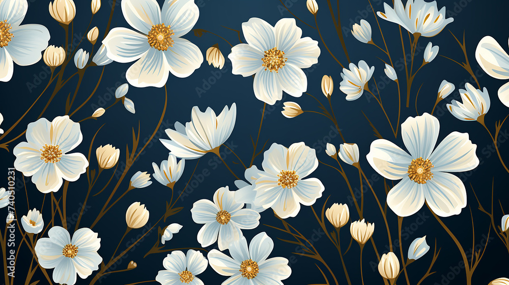 Ditsy Liberty Style Seamless Patterns. Set Of Summer Daisy Flowers In White And Blue. Simple Flat