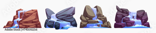 Cascade waterfall with jungle river flow and fall from high rocky cliffs. Cartoon vector illustration set of water in stream flood down from stones. Torrent stream collection for tropical landscape.