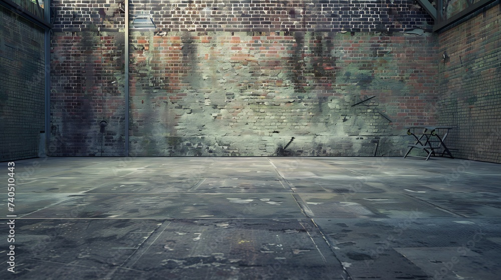 Industrial background, empty grunge urban street with warehouse brick wall : Generative AI - obrazy, fototapety, plakaty 