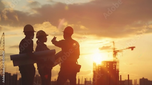 Silhouette of engineers in construction site, sunset in background © Elvin