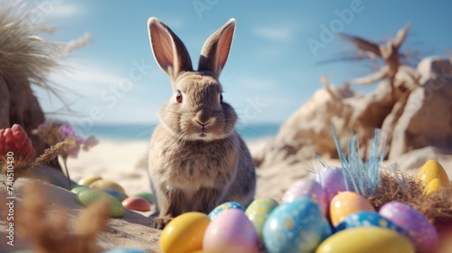 Wallpaper Mural cute easter bunny on a sand beach, surrounded by easter eggs. ai generative Torontodigital.ca