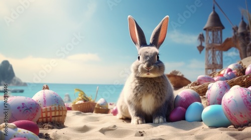 Wallpaper Mural cute easter bunny on a sand beach, surrounded by easter eggs. ai generative Torontodigital.ca