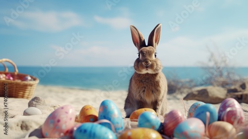 Wallpaper Mural cute easter bunny on a sand beach, surrounded by easter eggs. ai generative Torontodigital.ca
