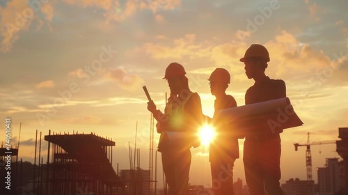 Silhouette of engineers in construction site, sunset in background