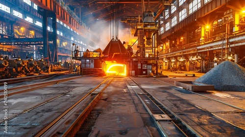 Steel production at metallurgical plant, large workshop with beam cranes and underground blast furnace : Generative AI photo