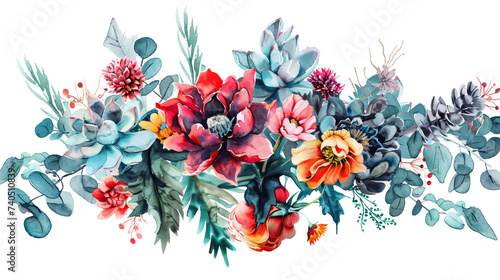 Watercolor illustration of flowers isolated on white background. photo