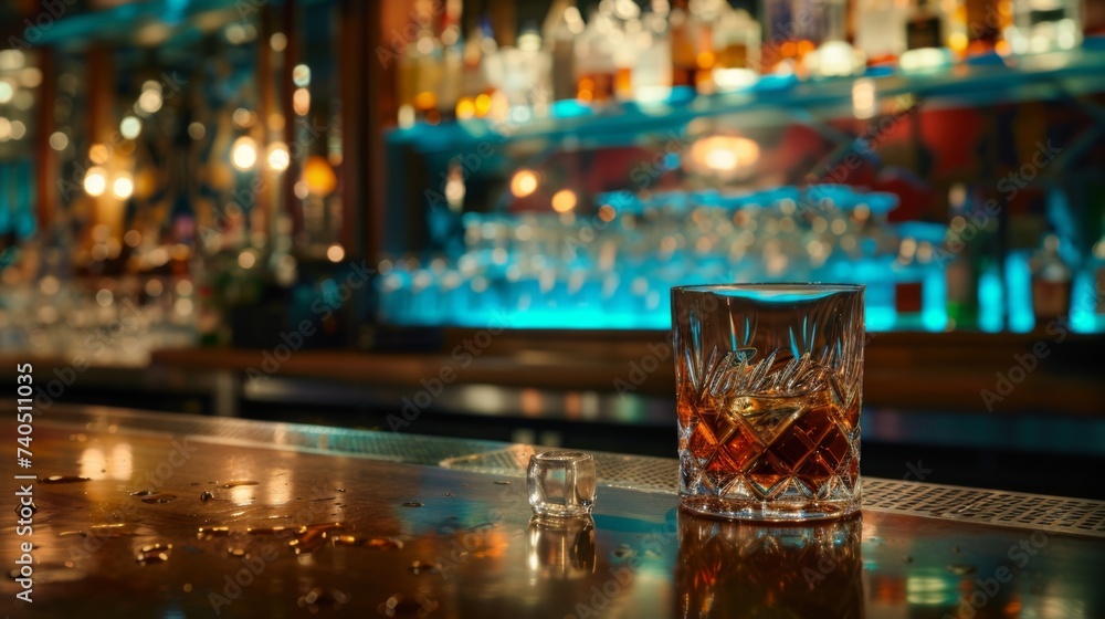 A glass of whiskey on the background of a bar. Yellow liquid in a glass glass. A glass of whiskey on the background of a bar. Yellow liquid in a glass glass.